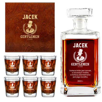 Zestaw z karafką i 6 szklankami w drewnianym etui DLA GENTLEMANA