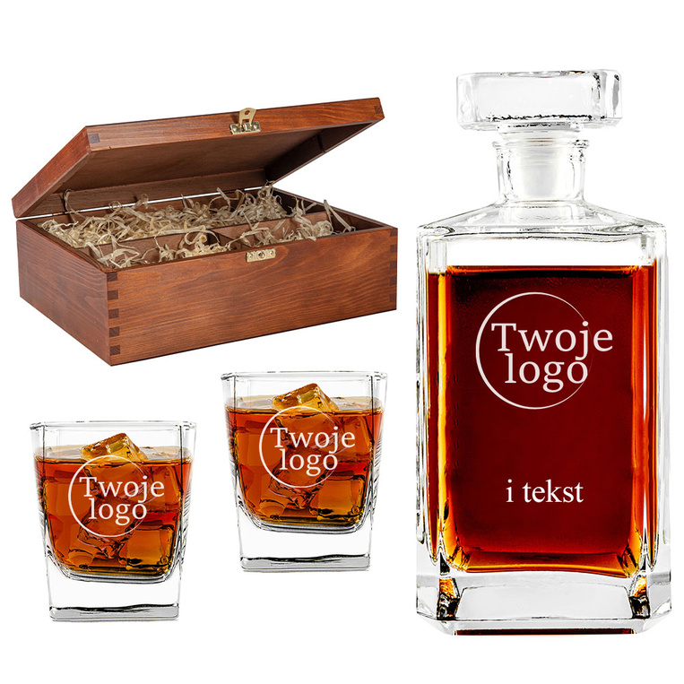 Zestaw do whisky karafka i 2 szklanki drewniane etui GRAWER PREZENT FIRMOWY