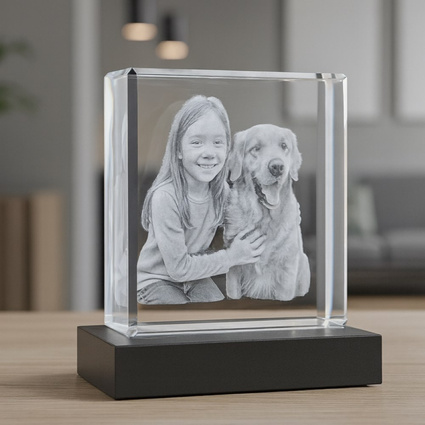 Fotokryształ 3D dziecka z pieskiem – statuetka szklana z LED