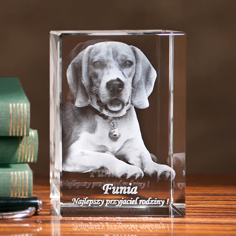 Zdjęcie 3D pieska w krysztale z podstawką LED – fotolampka 3D