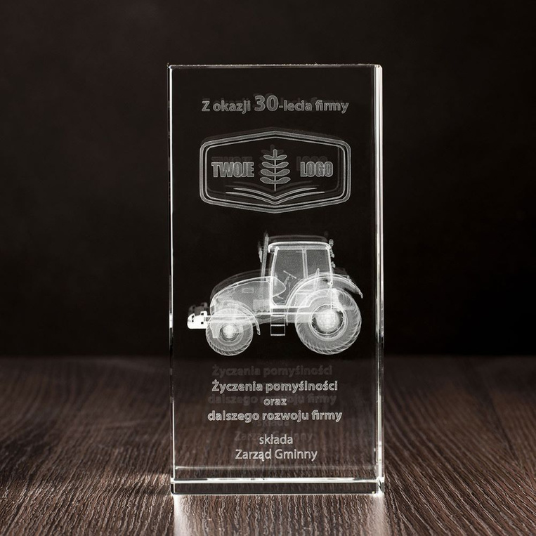 Statuetka Firmowa na Jubileusz - Ciągnik Rolniczy 3D Grawer w szkle