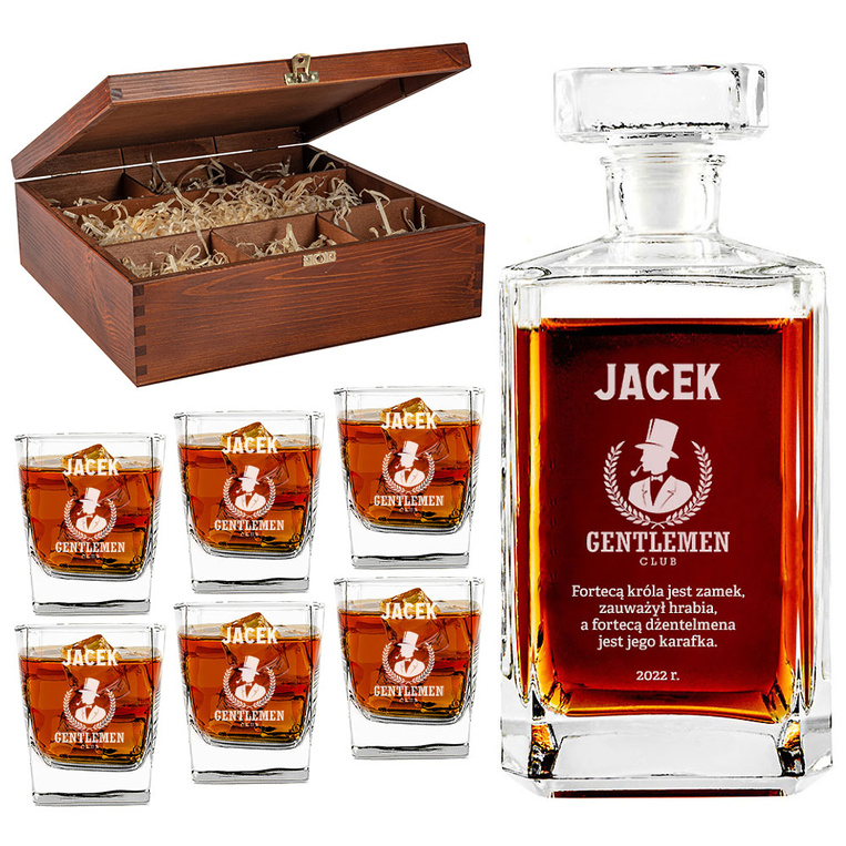 Zestaw z karafką i 6 szklankami w drewnianym etui DLA GENTLEMANA