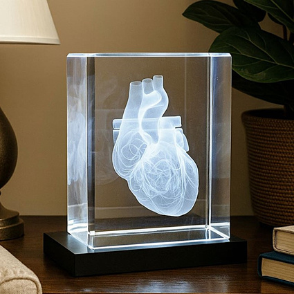 Szklana fotolampka LED z grawerunkiem 3D serca – statuetka 150×200×100 mm