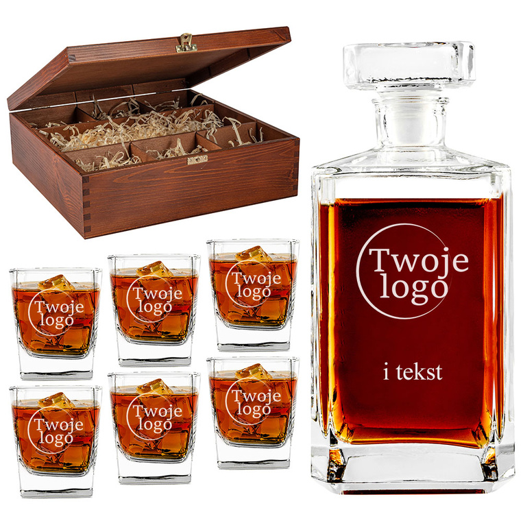 Firmowa karafka i 6 szklanek drewniana skrzynka GRAWER LOGA i TEKSTU