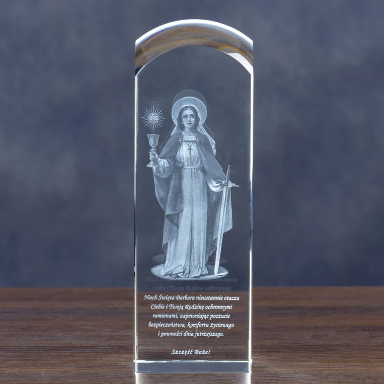 Święta Barbara - grawer postaci w szkle PATRONKA GÓRNIKÓW statuetka dla Górnika