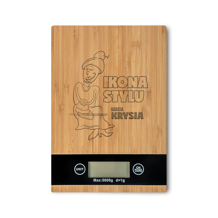 Waga kuchenna prostokątna z grawerem IKONA STYLU + IMIĘ na prezent DLA BABCI