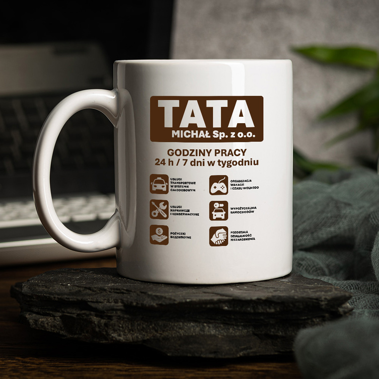 Kubek dla Taty „TATA Sp. z o.o.” – personalizowany kubek z nadrukiem