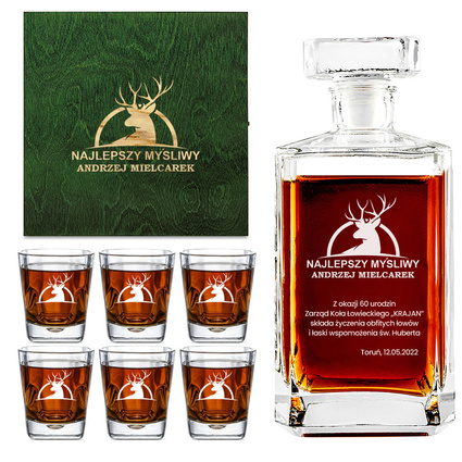Prezent dla myśliwego - Zestaw do whisky z personalizacją | Karafka + 6 szklanek