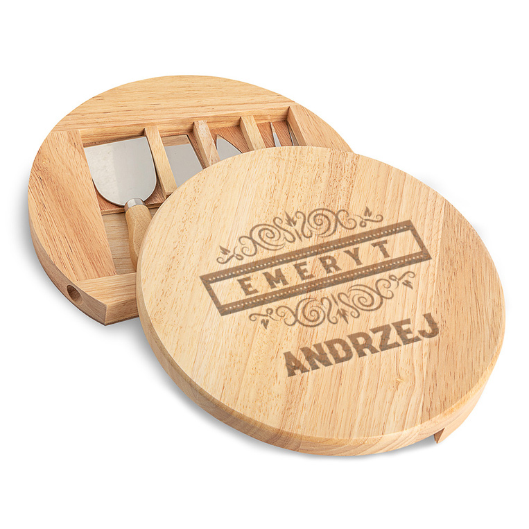 Personalizowana deska z nożami do serów GRAWER - EMERYT + IMIĘ dla odchodzącego na emeryturę - czysta