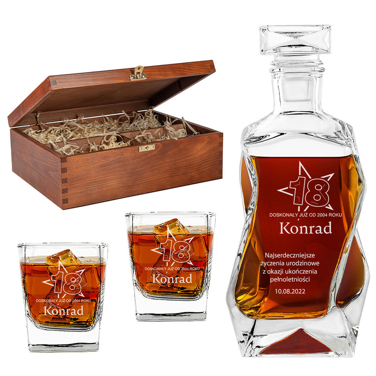 Karafka łamana + 2 szklanki w drewnianej skrzynce GRAWER na wszystkich elementach