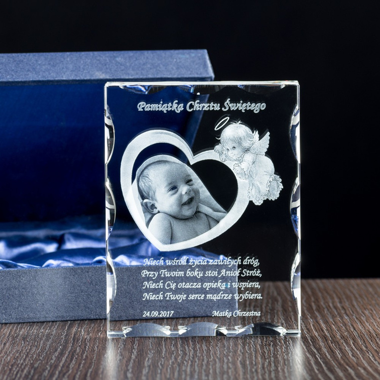 Pamiątka Chrztu Zdjęcie wygrawerowane w krysztale - Aniołek 3D