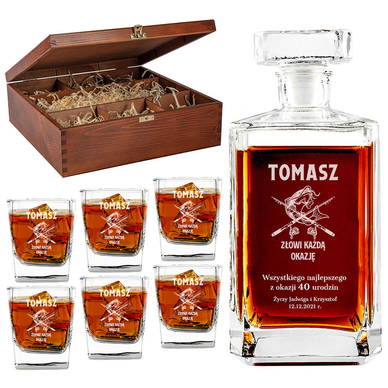 Karafka i 6 szklanek w drewnianym etui na 40 URODZINY DLA WĘDKARZA