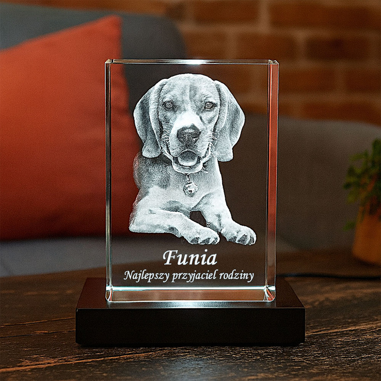 Zdjęcie 3D pieska w krysztale z podstawką LED – fotolampka 3D