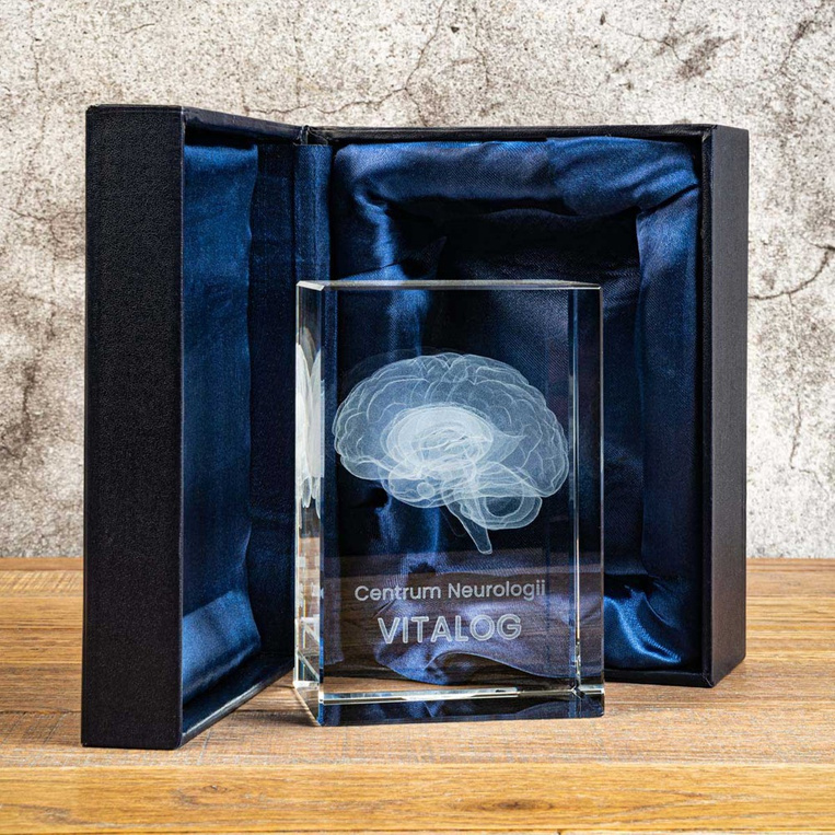 Statuetka szklana 3D Mózg z grawerem i podstawką LED – prezent dla lekarza lub neurologa