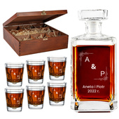 GRAWEROWANY KOMPLET karafka i 6 szklanek w drenianym etui NA ROCZNICĘ ŚLUBU