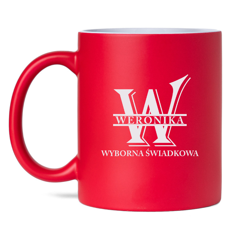 Czerwony kubek z grawerem dla świadkowej – imię i „Wyborna Świadkowa”