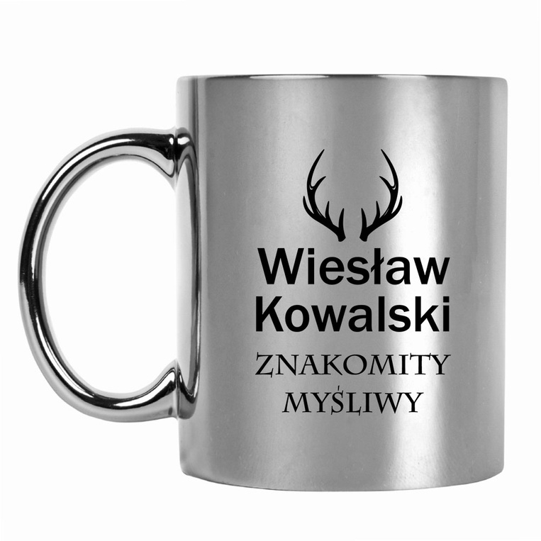 Kubek srebrny z nadrukiem ZNAKOMITY MYŚLIWY + IMIĘ