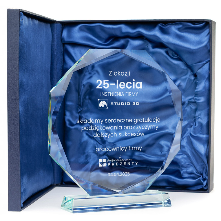 Szklana statuetka z grawerem – prezent na 25-LECIE FIRMY