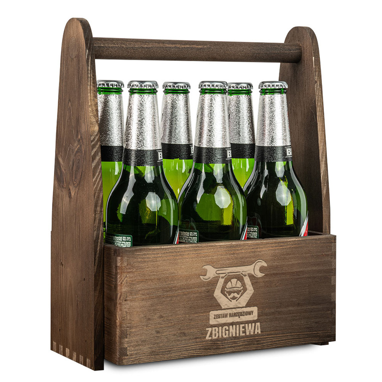 Grawerowane nosidło drewniane na piwo ZESTAW NARZĘDZIOWY + IMIĘ