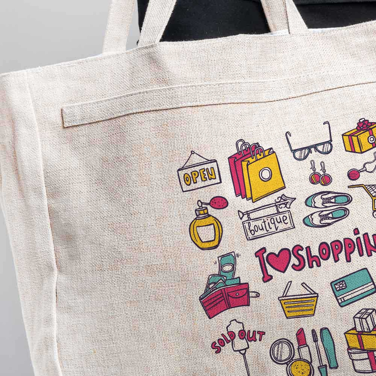 Torba na zakupy bezowa I LOVE SHOPPING z nadrukiem IMIENIA