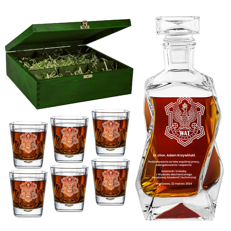 Personalizowana karafka i szklanki w skrzynce – prezent dla pracownika WAT