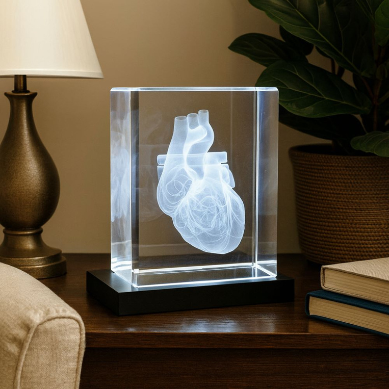 Szklana fotolampka LED z grawerunkiem 3D serca – statuetka 150×200×100 mm