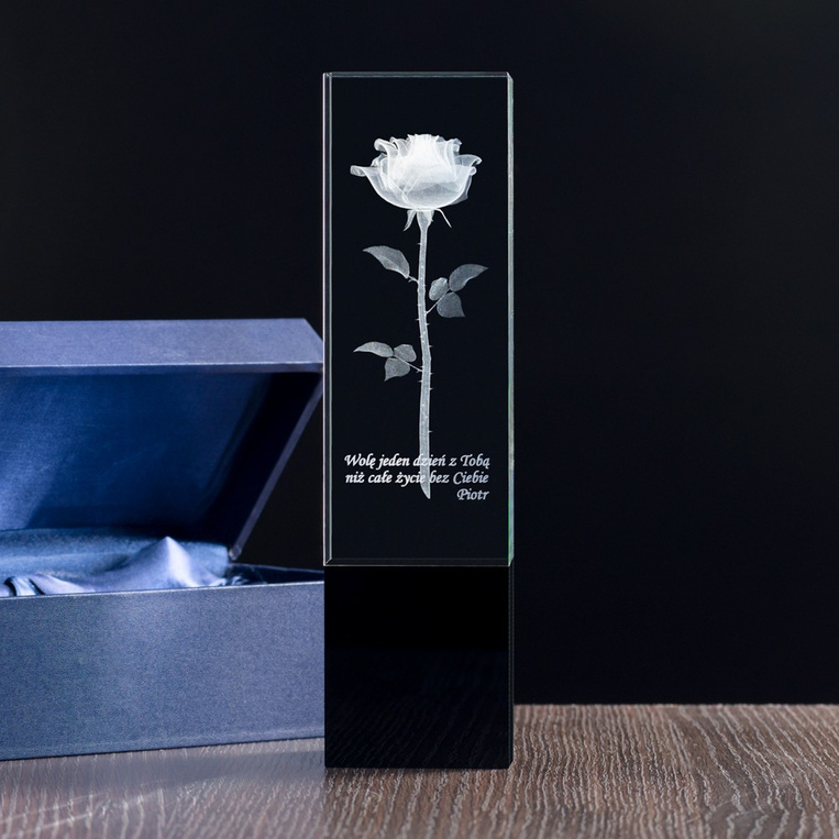 Róża 3D zatopiona w szkle - okazała statuetka na prezent Rocznica Urodziny Imieniny