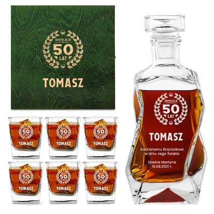 Personalizowany zestaw do whisky – karafka i szklanki z grawerem na 50-tkę