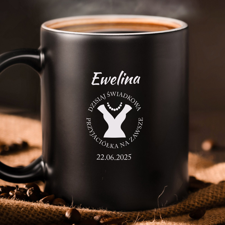 Czarny kubek z grawerem PODZIĘKOWANIA DLA ŚWIADKOWEJ