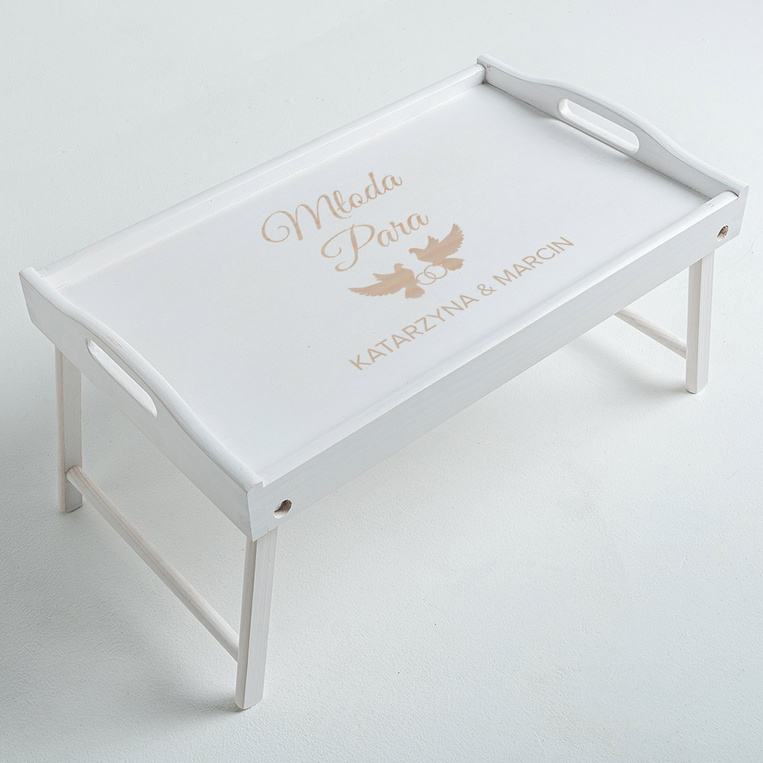 Grawerowany Stolik śniadaniowy biały PREZENT ŚLUBNY od znajomych