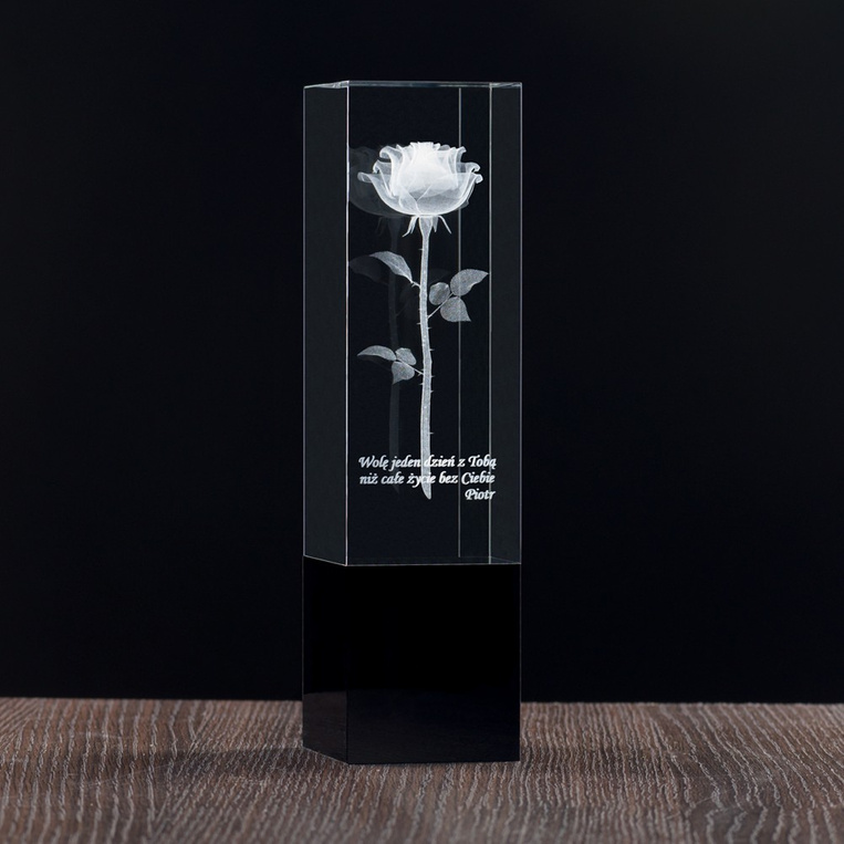 Róża 3D zatopiona w szkle - okazała statuetka na prezent Rocznica Urodziny Imieniny