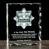 Podziękowania za służbę w Policji - odznaka 3D i dedykacja grawer w szkle