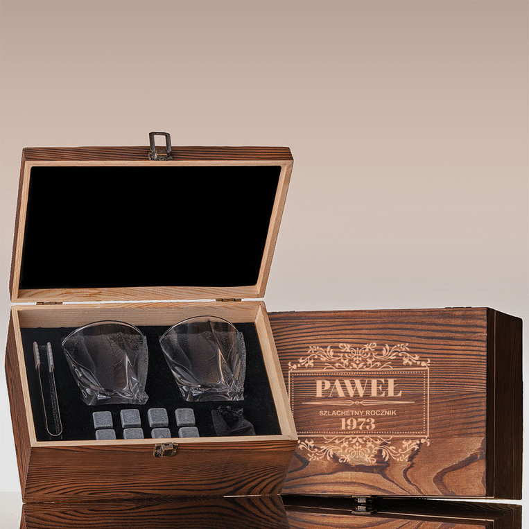 Personalizowany zestaw do whisky Szklanki + Kamienie z grawerem SZLACHETNY ROCZNIK