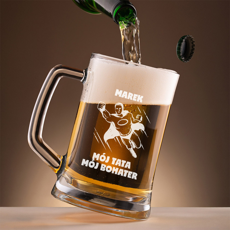 Kufel do piwa z grawerem MÓJ TATA, MÓJ BOHATER + imię na prezent na DZIEŃ OJCA