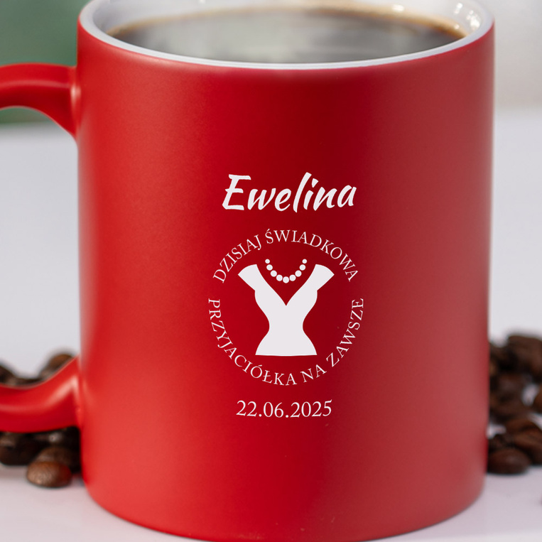 Czerwony kubek z grawerem DLA ŚWIADKOWEJ – imię, data i dedykacja