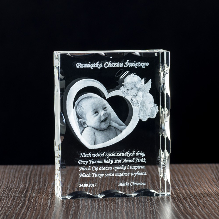Pamiątka Chrztu Zdjęcie wygrawerowane w krysztale - Aniołek 3D
