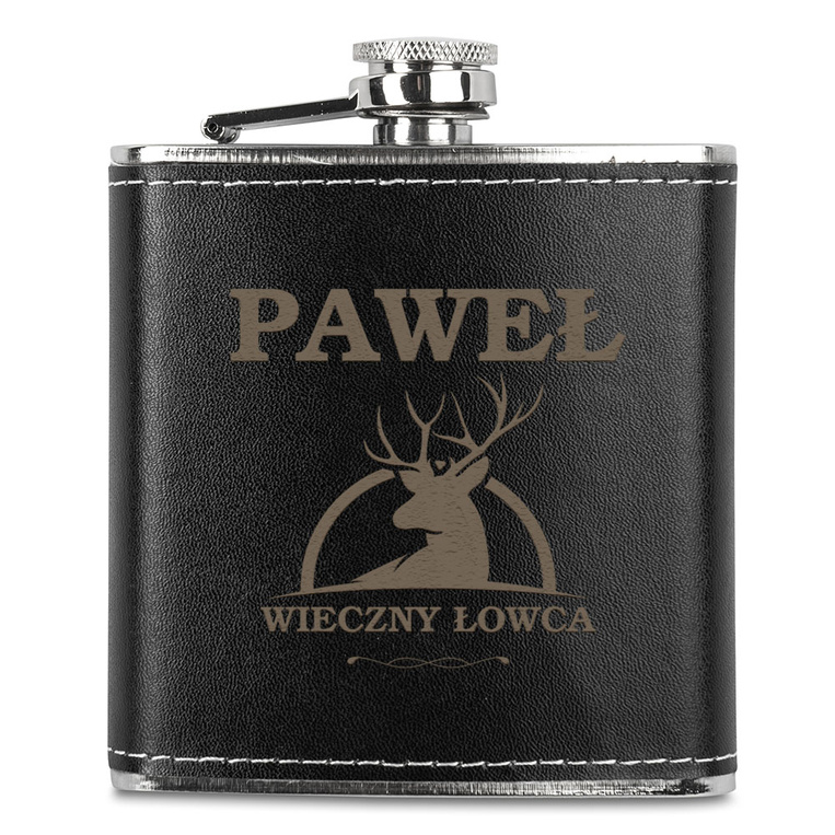Piersiówka DLA MYŚLIWEGO z grawerem na skórze WIECZNY ŁOWCA + IMIĘ