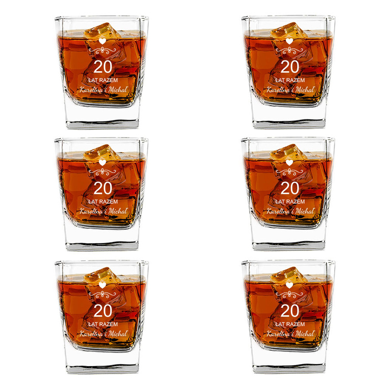 6 szklanek do whisky z grawerem z okazji PORCELANOWEJ ROCZNICY - 20 lat razem