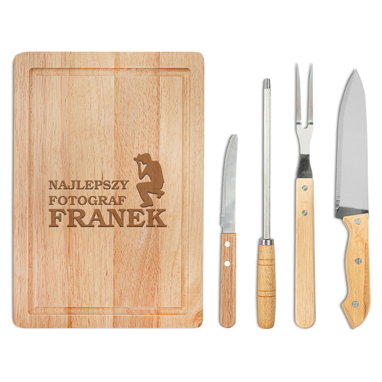 Zestaw przyborów do grilla z grawerowaną deską DLA FOTOGRAFA