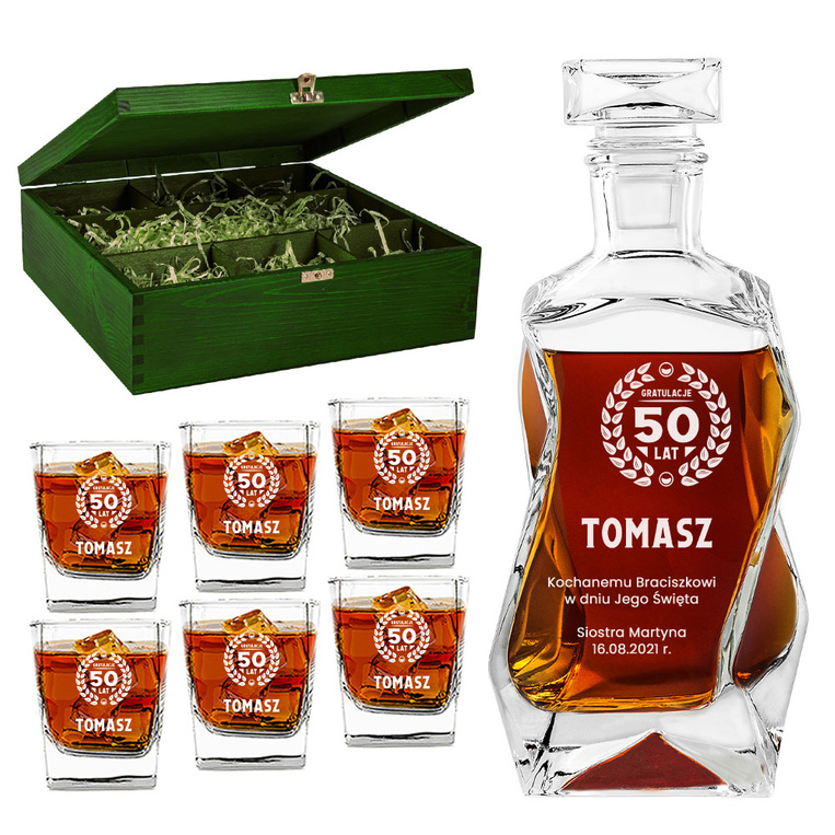 Personalizowany zestaw do whisky – karafka i szklanki z grawerem na 50-tkę