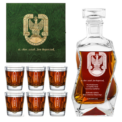 PREZENT DLA LOTNIKA – Grawerowana karafka i szklanki w drewnianej skrzynce