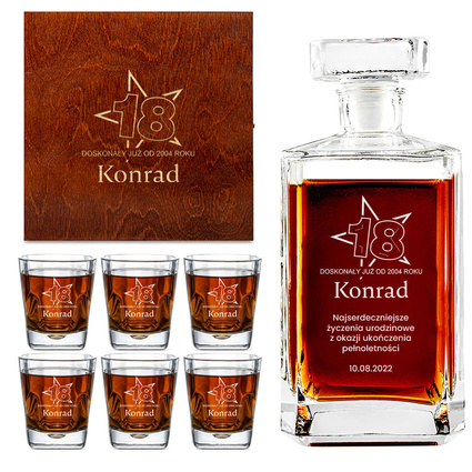 GRAWEROWANY ZESTAW karafka i 6 szklanek w drewnianej skrzynce NA 18 URODZINY