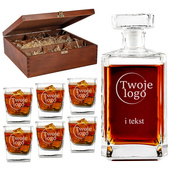 Firmowa karafka i 6 szklanek drewniana skrzynka GRAWER LOGA i TEKSTU