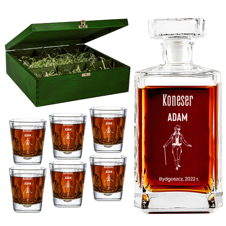 Zestaw do whisky z grawerem - Karafka + 6 szklanek w drewnianej skrzynce