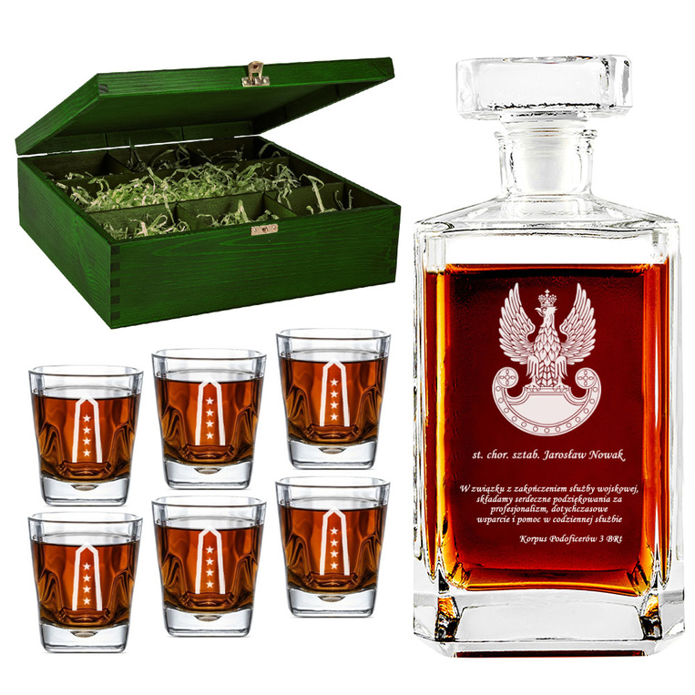 Zestaw Karafka i 6 szklanek w zielonej skrzynce - Prezent DLA ŻÓŁNIERZA EMERYTURA