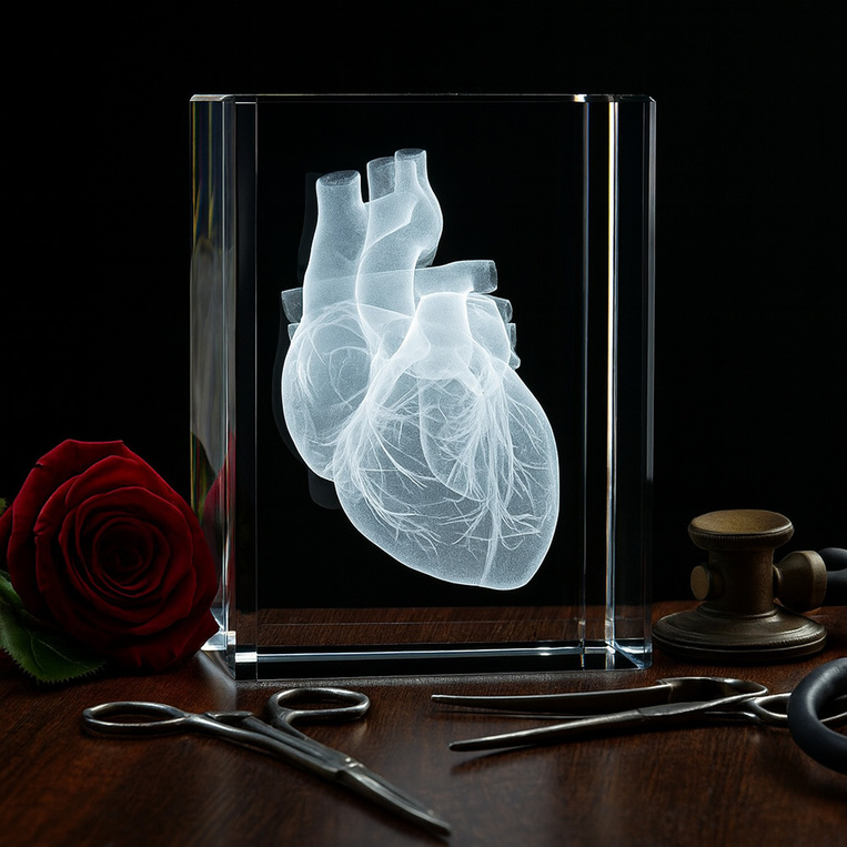 Szklana fotolampka LED z grawerunkiem 3D serca – statuetka 150×200×100 mm