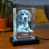 Zdjęcie 3D pieska w krysztale z podstawką LED – fotolampka 3D