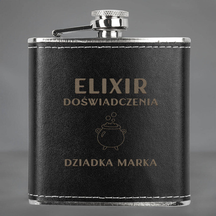 Piersiówka w skórze z grawerem ELIXIR DOŚWIADCZENIA DZIADKA + IMIĘ