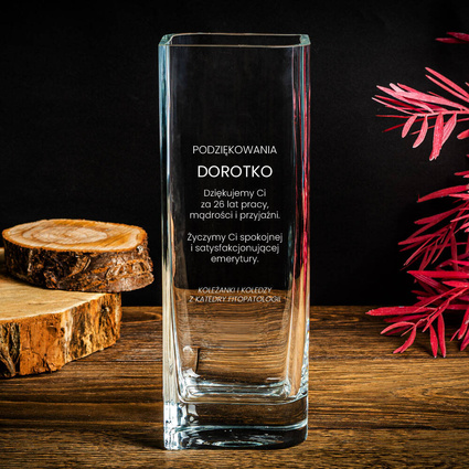 Szklany wazon z grawerem – PODZIĘKOWANIA za lata współpracy EMERYTURA