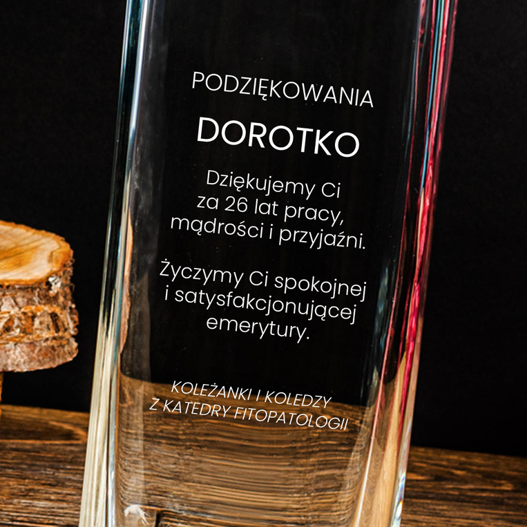 Szklany wazon z grawerem – PODZIĘKOWANIA za lata współpracy EMERYTURA